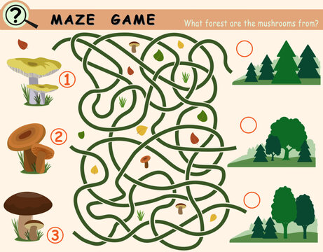 Logic game for children with mushrooms maze. Vector illustration.