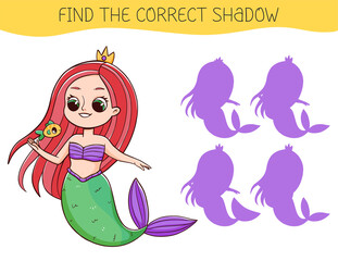 Find the correct shadow game with mermaid. Educational game for children. Cute cartoon mermaid. Shadow matching game.
