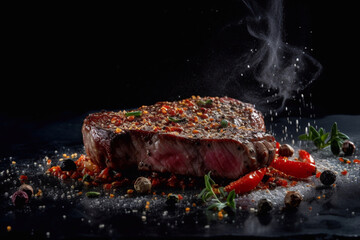 A piece of steak meat with spices on a grill grate. Smoke, fire. Grilled meat. Generative AI.