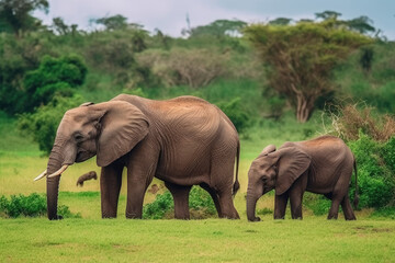 Naklejka na ściany i meble African Elephants family walking in the Savanna park, Animal wildlife habitat in the nature forest, beautiful of life, massive body part, largest mammal, with Generative AI.