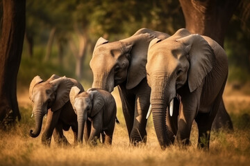 African Elephants family walking in the Savanna park, Animal wildlife habitat in the nature forest, beautiful of life, massive body part, largest mammal, with Generative AI.