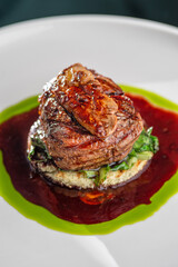 Tournedos Rossini. Foie gras, Black Angus beef tenderloin, with red wine sauce. Fillet mignon steak with Foie Gras.