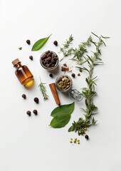 Herbal Remedies concept with glass bottles and plants around isolated on white background top view