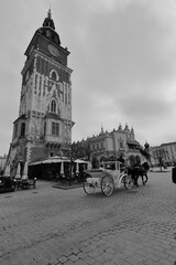 Black and White image of the Town Hall Tower, Market Square, Krakow, Poland, Europe.