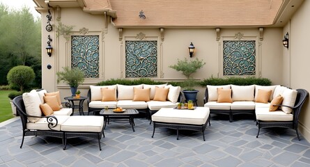 Photo of a beautifully decorated outdoor patio with plenty of comfortable seating options - obrazy, fototapety, plakaty