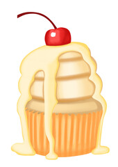 cupcake with cream and cherry watercolor illustration isolated on transparent background
