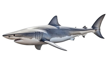 Fototapeta premium Great white Shark the famous predator in the ocean isolated on white background, marine animal, clip art, diversity of animals, with Generative AI.
