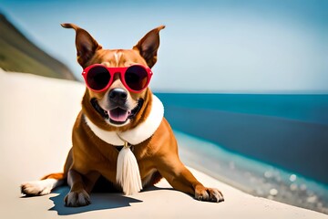 Hund mit cooler Sonnenrille und copy space am Strand im Urlaub in den Sommerferien im Sommerurlaub macht Ferien am Meer