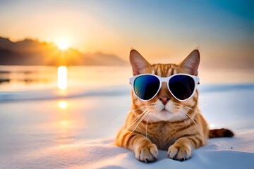 Obraz premium Katze mit Sonnenbrille im Sommer am Strand mit Meer mit Copy space für Urlaub