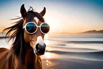Pferd mit cooler Sonnenrille und copy space am Strand im Urlaub in den Sommerferien im Sommerurlaub macht Ferien am Meer - obrazy, fototapety, plakaty