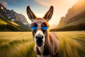 Esel mit cooler Sonnenrille und copy space im Gebirge in den Bergen im Urlaub in den Sommerferien im Sommerurlaub macht Ferien zum Wandern