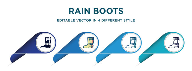 rain boots icon in 4 different styles such as filled, color, glyph, colorful, lineal color. set of   vector for web, mobile, ui