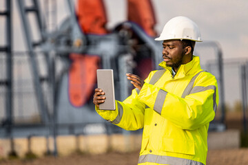 Oil field worker holding tablet computer and controlling production of crude oil.