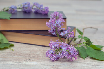 A book on a table with a lilac flowers on it