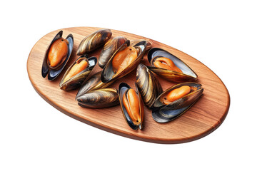 Mussels on wooden chopping board on transparent background. Generative AI