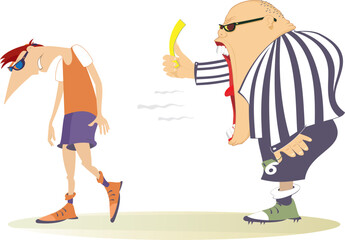Referee. Yellow card. Sportsperson. 
Cartoon referee shows a yellow card to the player. Removal from the game
