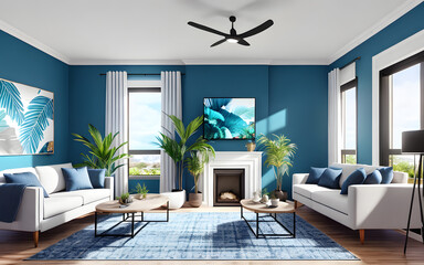 Fototapeta na wymiar Photo of a modern living room with blue walls and white furniture