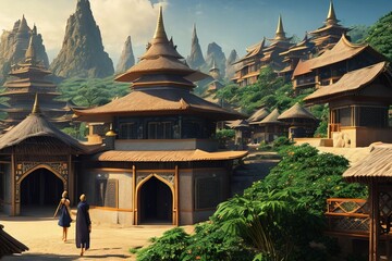 Obraz premium Village in galaxy, metalic build thai arabic oriental style