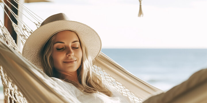 Summer travel vacation concept, Happy traveler  woman relax in hammock on beach, digital ai