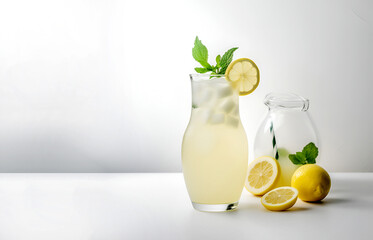 Cool freshly made lemonade and lemon fruits on white background. Space for text. AI generated - obrazy, fototapety, plakaty