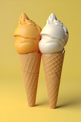 Two ice cream cones are in a waffle cone. 3d