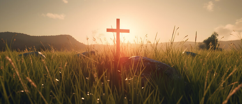 Heaven's Embrace: Rays of Light Surrounding the Brown Christian Cross in Serene Fields, Christianity, faith, Fields of god (generated with a help of ai) - Powered by Adobe