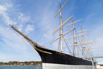 Historic museum ship Pommern moored at harbour in Mariehamn, Åland Islands, Finland, on a sunny day in the spring.