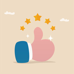 User, Customer five Star Review Trendy Flat Social Media Illustration. Like, doodle business hand positive client reaction with clouds and sparks (Full Vector)