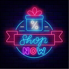 Shop now neon label. Circle frame with ribbon. Sale signboard. Gift box. Special offer emblem. Vector illustration