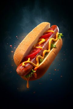 Vertical image of a delicious appetizing hot dog with fried sausage, tomatoes and mustard. Levitating hot dog on a dark blue background. Generated by AI