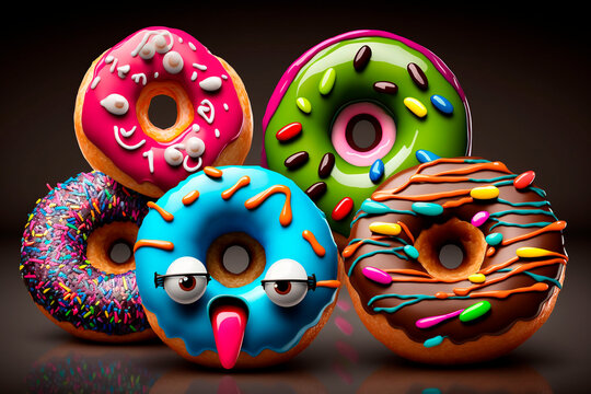 Menu for children. Generative AI. Children's birthday. Funny donuts with bright sprinkles And eyes. National Donut Day or Fat Thursday. Illustration for pizzeria, cafe, fast food, menu, advert