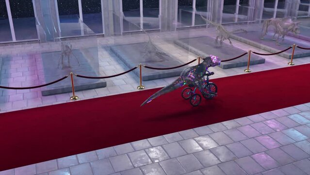  The concept of evolution. A diamond dinosaur rides a bicycle on the background of the paleontological museum. 