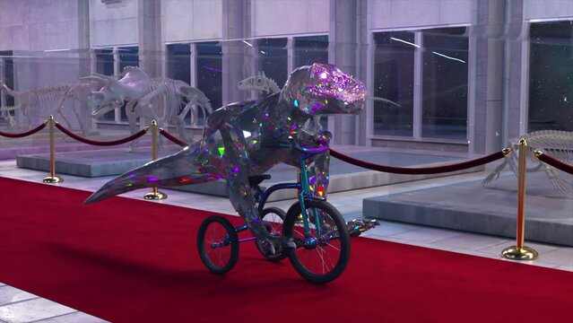 A diamond dinosaur rides a bicycle on the red carpet against the background of the paleontological museum. 3d animation