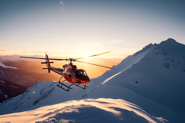 Rescue helicopter flies over snowy mountains, with setting sun at background, generative ai