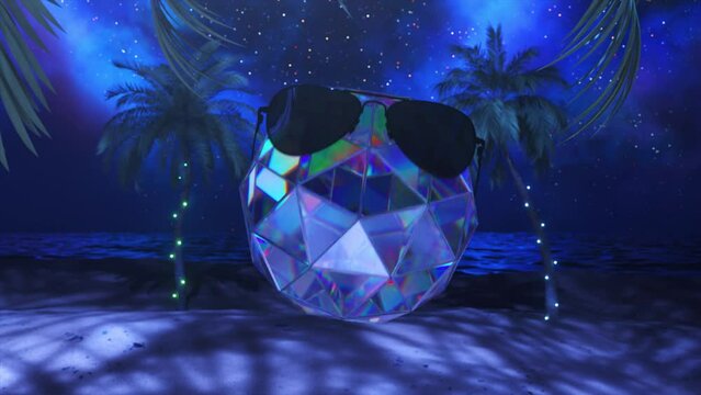 Futuristic concept. Diamond sphere dancing under the disco against the backdrop of palm trees. Sunglasses. Starry sky