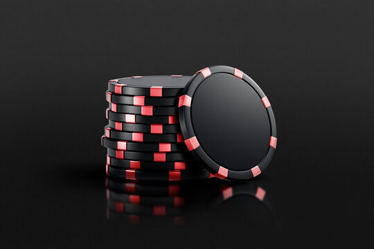 Blank black plastic round chip mockup stand stack, dark background