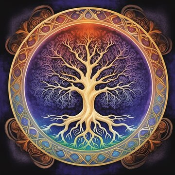 Chakra tree of life, 3rd eye, chakra healing, sacred geometry of the soul. Concept. Spirituality, esoteric, mystic. Generative AI.