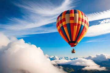 a colorful hot air balloon floating in the sky, symbolizing the freedom and happiness of travel and adventure