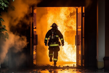 Brave firemen in protective gear running through smoke and fire. AI generative - obrazy, fototapety, plakaty