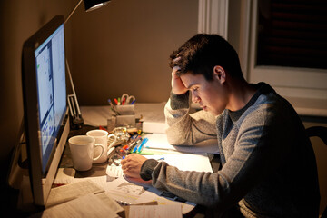Man, studying and stress in night by computer for test, assessment or headache in college dorm....