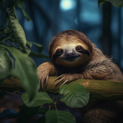Fototapeta premium Serenity in the Canopy: A Relaxed Sloth in the Caribbean Wilderness. Illustration, AI generative using Midjourney.