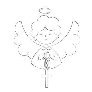Cute Boy Angel in Festive Attire with Folded Hands on the Chest for Prayer and a Cross Hanging on the Folded Hands Illustration is done in a Doodle Style