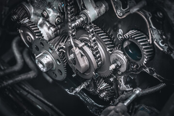 Car timing chain in cutaway engine