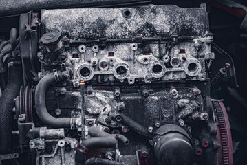 Fototapeta premium Old dismanteld diesel engine in garage, west sussex, uk
