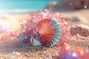 Fototapeta premium Pink coral, beach, shell, seashell, sparkly, sand, sea, colourful, marine, made with generative ai