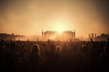 Fototapeta na wymiar Silhouettes of concert crowd in front of bright stage lights at summer festival, generative ai