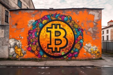 A large-scale mural of the Bitcoin logo, painted on a city wall in the Street Art style 