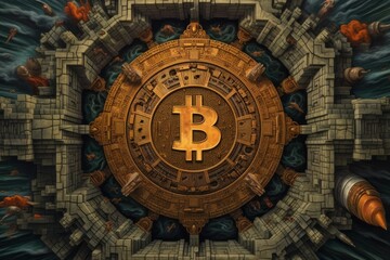 A dreamlike and bizarre painting of the Bitcoin logo, rendered in the Surrealist style