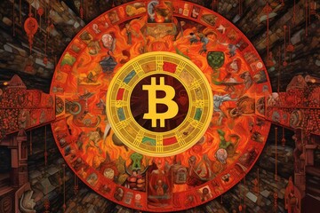Fototapeta premium A cryptic painting of the Bitcoin logo, full of symbolic imagery