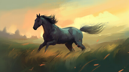 A horse running through a field. Fantasy concept , Illustration painting. Generative AI